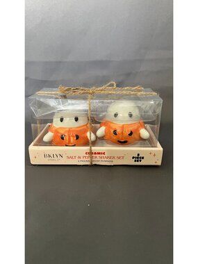 Ceramic Ghost Pumpkin Salt & Pepper Shaker Set By BKLYN Steel Co. 2-Piece Hallow